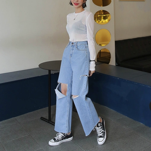 破口牛仔裤女九分穿搭|破口牛仔裤女九分搭配|破口牛仔裤女九分推荐