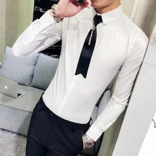 一折发型师服装_网红衬衣男可拆卸领带夜场男装个性潮流帅气男模少爷