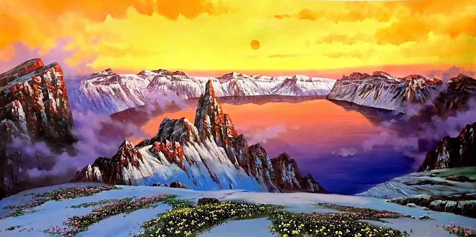 天池油画作品,165*75,#长白山天池 #作品欣赏 #手绘 - 抖音