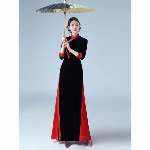 高端改良旗袍走秀演出服装女长款中国风中老年模特团队奥黛连衣裙