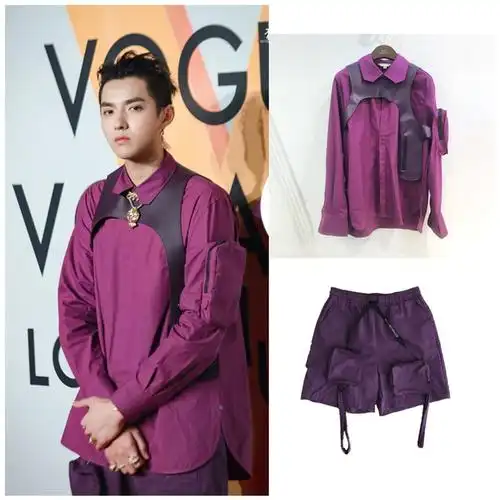 吴亦凡跨年演唱会同款紫色衬衫个性口袋pu皮坎肩马甲两件套男女潮