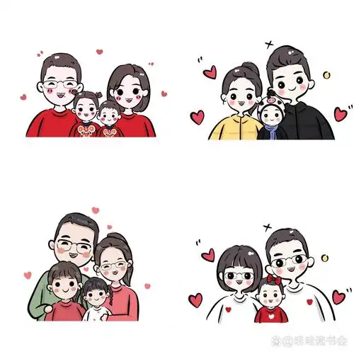 幸福的一家三口～一家四口～全家福手绘头像 可爱幸福萌萌哒～满满的