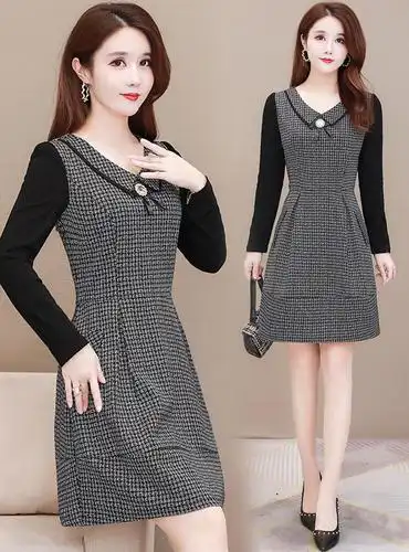 千鸟格打底连衣裙高端大牌名媛秋冬装2020年新款女小个子气质高贵