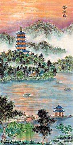 高清雷锋塔装饰画西湖名画山水风景国画电子版jpg格式tif图片素材