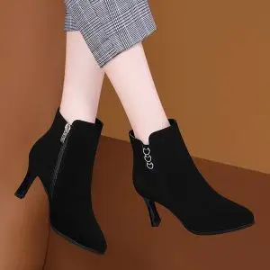 高跟鞋女细跟2020新款春季加绒冬天磨砂女士皮鞋黑色职业女鞋秋冬