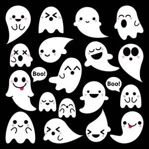 鬼图可爱的矢量鬼魂在黑色背景上的图标万圣节设计集,卡哇伊鬼集合