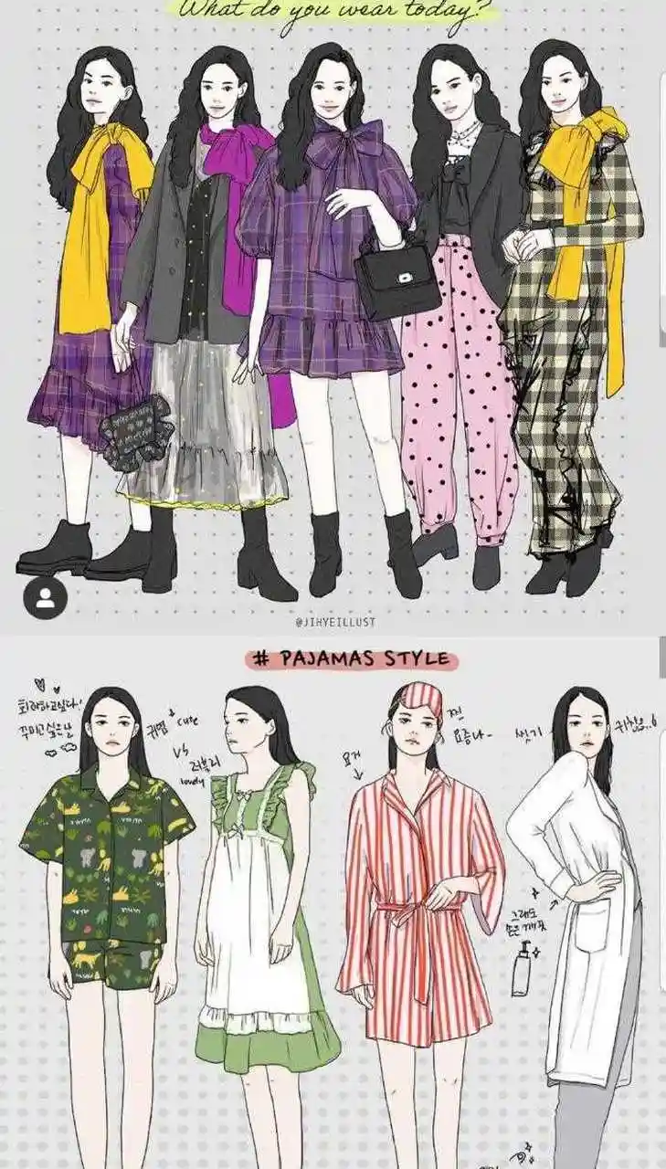 韩国插画家 jihyeillust手绘穿搭示范,除了感叹作者有一双会画画的手