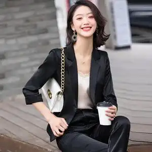 黑色西装外套女夏新款七分袖薄款小个子时尚气质女士职业西服套装