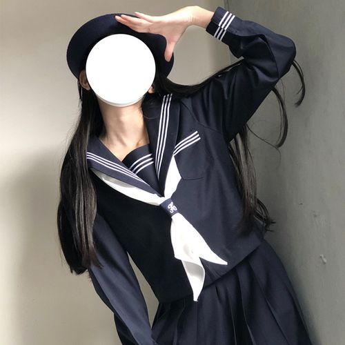 jk制服全套正版水手服长款百褶裙少女上衣秋季白色长袖日系绀三本