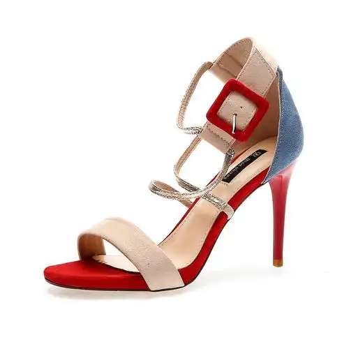 黑色拼色露趾职场职一字搭扣小码高跟鞋20夏季新款细跟鱼嘴凉鞋女