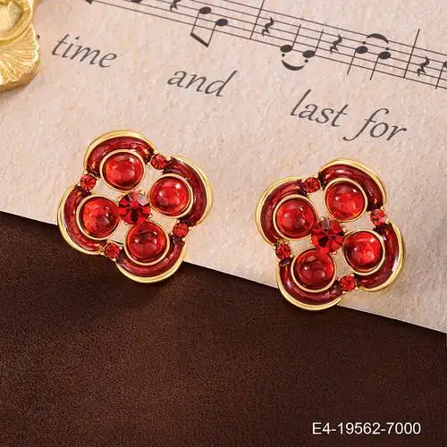 新年红色系高级感中古风琉璃耳饰925银轻奢玫瑰花几何耳环饰品女