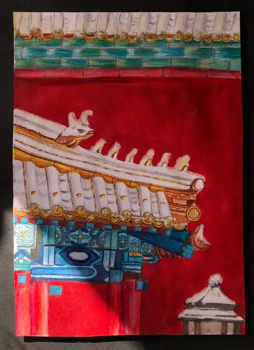 故宫系列水彩画 写美篇导入:通过故宫照片导入,提问互动导入 绘画过程