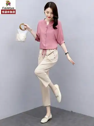 彩羊恒源祥棉麻套装女2023夏季新款女装气质法式复古亚麻休闲时尚洋气