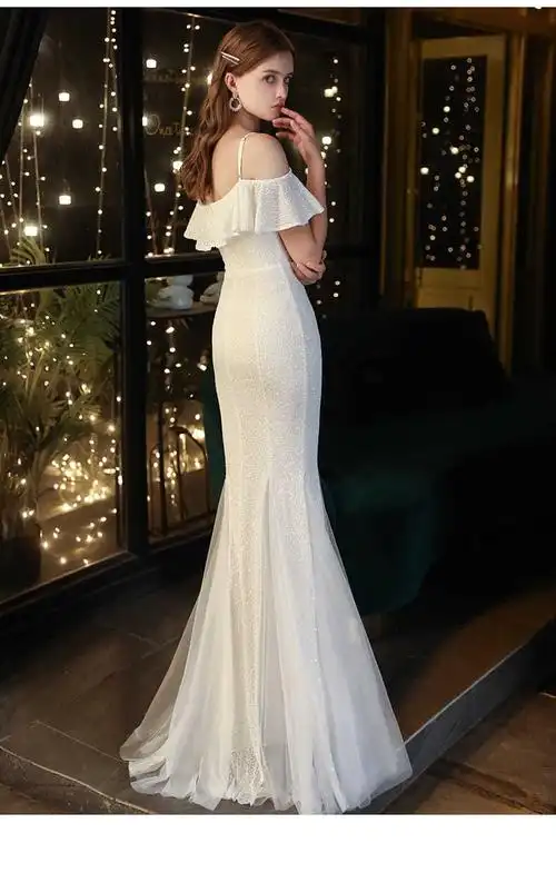 【高品质】【好质量】白色鱼尾晚礼服女2020新款礼高贵性感生日宴会