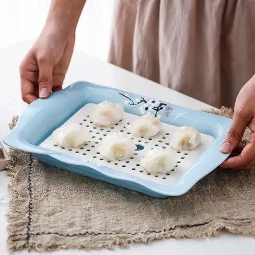 陶瓷双层饺子盘沥水水饺盘蒸盘餐厅家用盘子水果托盘沥水盘方形蓝色