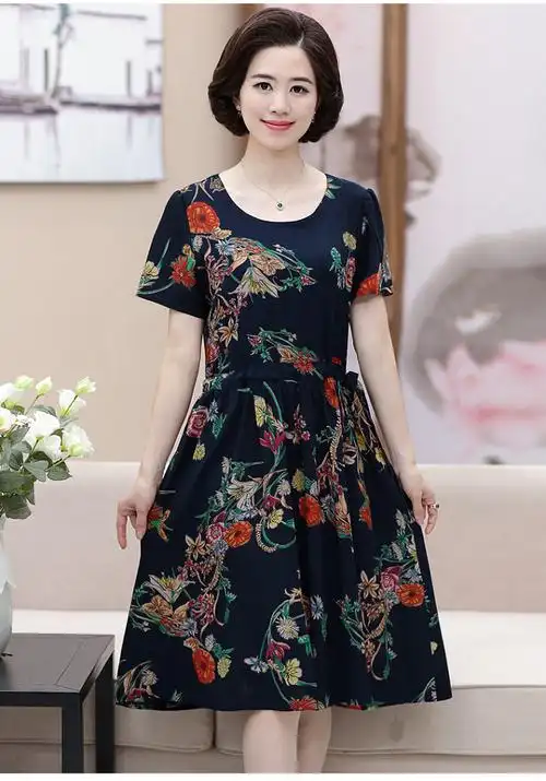 中老年女装夏装棉绸连衣裙40-50岁中年妇女胖妈妈过膝裙子中长款