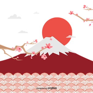 红色调日本富士山和樱花太阳云朵手绘矢量元素