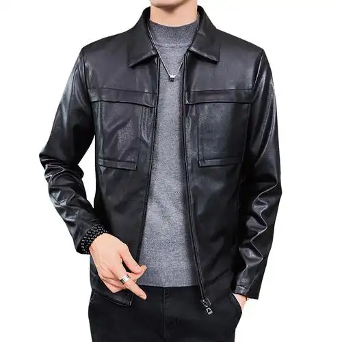 comeacross秋季新款翻领立体贴袋皮衣男休闲男士皮夹克外套