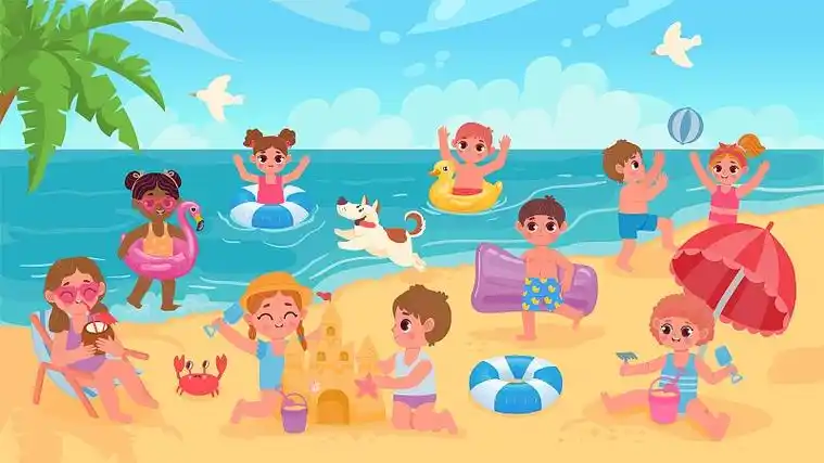 孩子们在海里玩橡皮圈.卡通海滨度假矢量概念图片下载