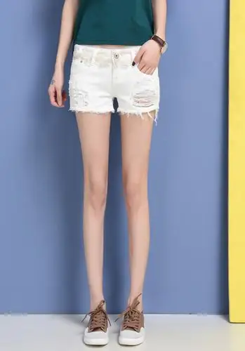 超短裤女夏白色蕾丝低腰牛仔短裤显瘦学生破洞短裤弹力毛边热裤潮