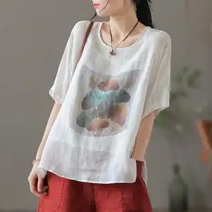 dza 复古白色棉麻上衣女士夏季薄款短袖宽松亚麻t恤半袖打底体恤