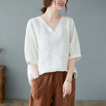 fanan亚麻女装棉麻上衣宽松型五分袖女夏季复古文艺苎麻刺绣小衫休闲