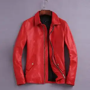 欧洲站潮流皮夹克大红色刘德华同款真皮皮衣男士商务修身皮夹克