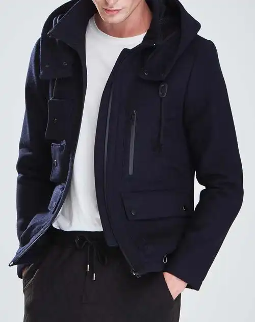 深藏蓝欧美时尚纯色连帽外套