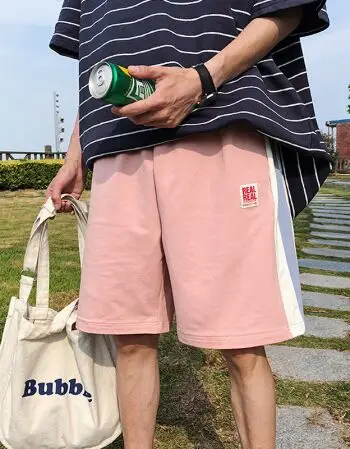 夏季薄款男士宽松休闲裤运动短裤男潮条纹五分裤子男 粉色 2xl