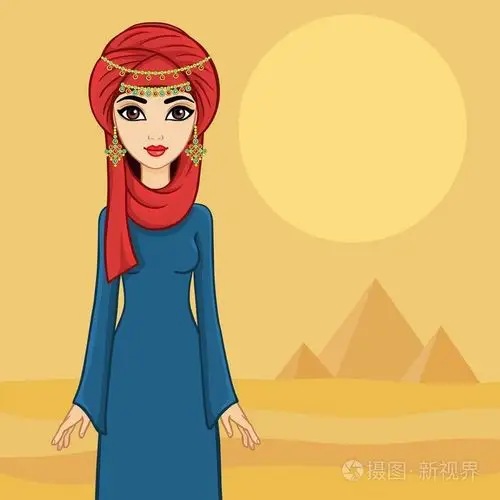 戴着头巾的美丽阿拉伯女孩对抗沙漠和古老的p