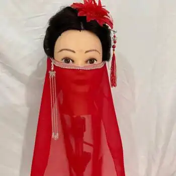 面纱古风汉服配饰珍珠面纱女百搭晒古风遮脸纱巾面帘非古装 红色钻石