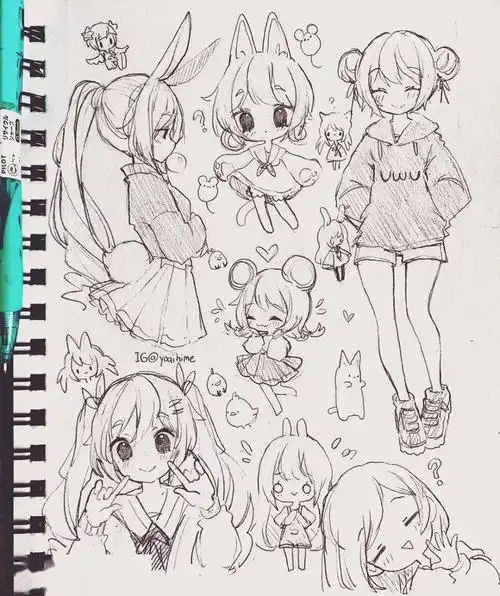 手绘线描手稿素材可爱动漫人物铅笔稿