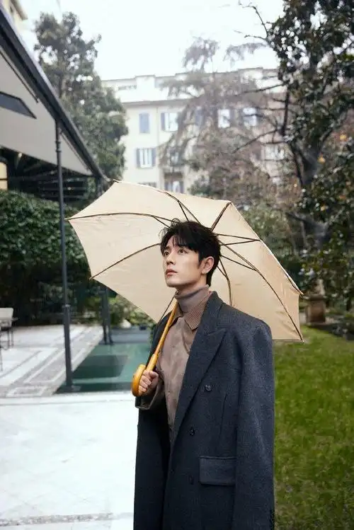 肖战米兰看秀look美拉德系穿搭雨中撑伞的王子