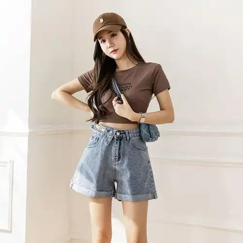 女夏季薄款遮胯卷边休闲a字阔腿热裤显瘦直筒裤实拍高腰牛仔短裤