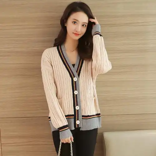 2019年秋韩版拼色编织长袖纽扣开衫设计毛衣外搭上衣女装外套