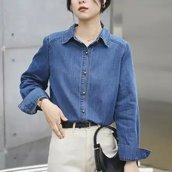 不卷边深蓝色软牛仔衬衫女秋冬季内搭叠穿长袖衬衣小个子正肩上衣