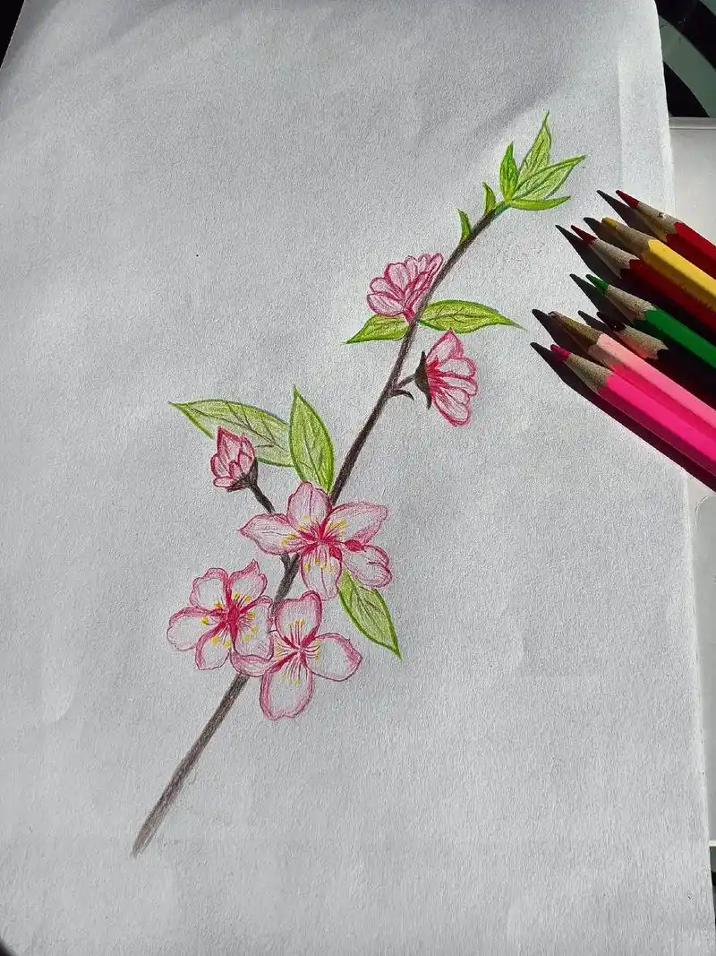 彩铅手绘画了一枝桃花