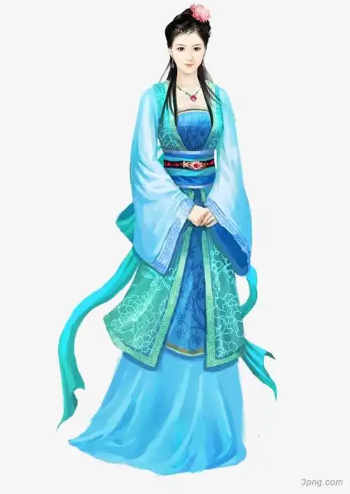 蓝衣站立美女古风手绘png素材透明免抠图片-动植人物