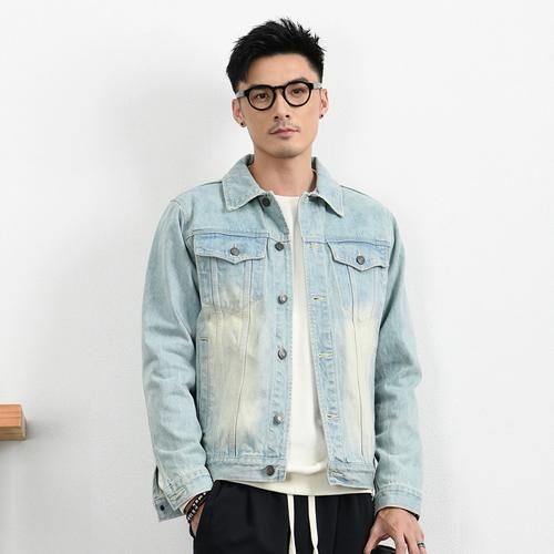 新款印花牛仔外套男士重磅石磨砂洗宽松休闲牛仔夹克秋季个性