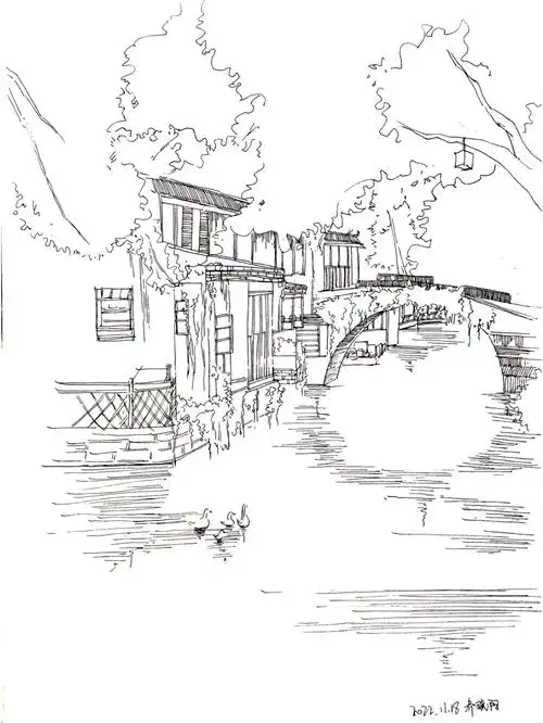 江南古镇速写线