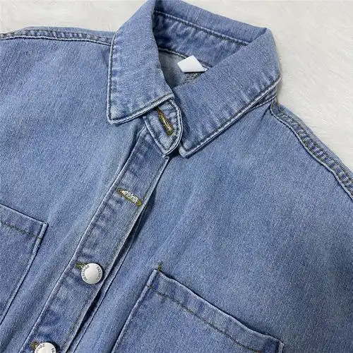 性感时尚牛仔夹克灯笼袖秋装女装原装外套纽扣口袋蓝色牛仔夹克外套