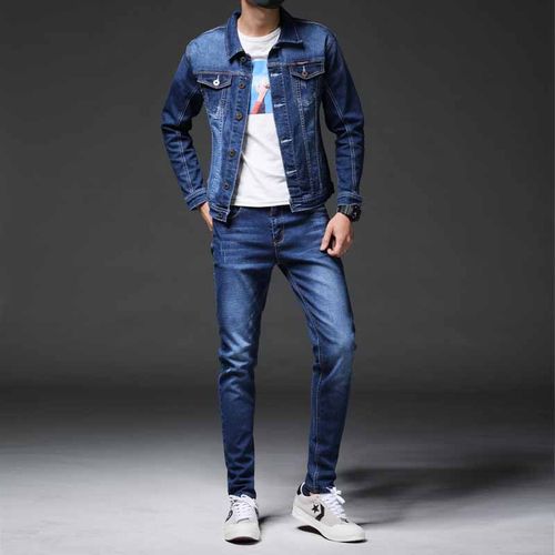 思慕登牛仔套装男2023春季新款男休闲夹克外套搭配成熟稳重一套 蓝色