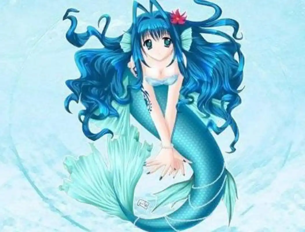 双鱼座化身美人鱼公主:一个棕色头发的美人鱼公主,趴在水里的石头上