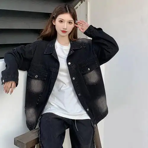 实拍实价~黑色牛仔外套女2023春季破洞设计感小众宽松夹克上衣潮 - 17