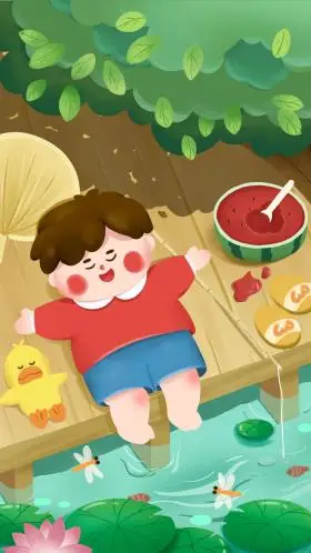 夏天大树乘凉男孩小鸭子西瓜