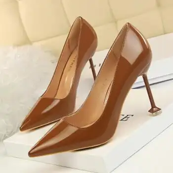 秋季新款欧美单鞋女细跟超高跟裸色工作鞋sn4825 棕色(漆皮1716-6) 35