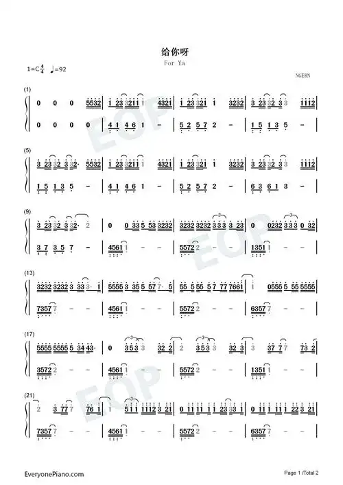 for ya-抖音-钢琴谱文件(五线谱,双手简谱,数字谱,midi,pdf)免费下载