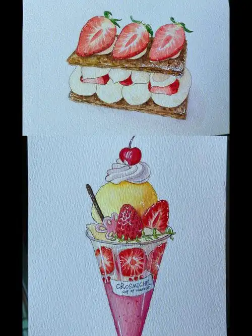 水彩画的2个草莓甜点