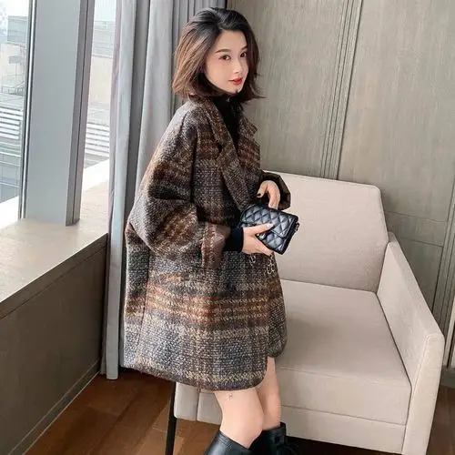 格子加棉外套中长款 加厚_格子毛呢外套女中长款2019秋冬新款加棉加厚