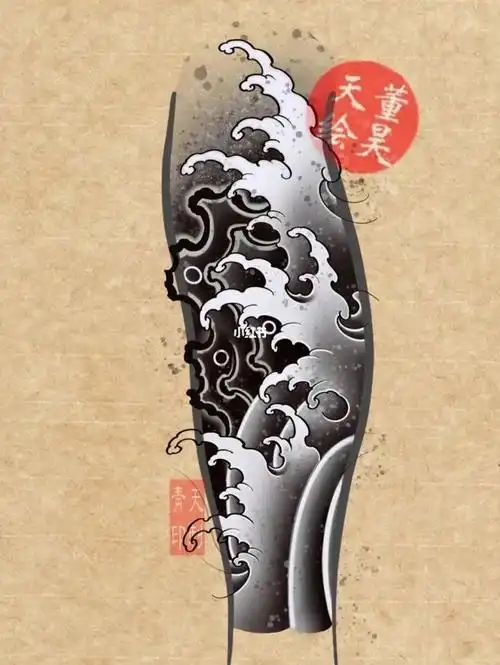 水浪礁石纹身手稿推荐适合小腿小臂等